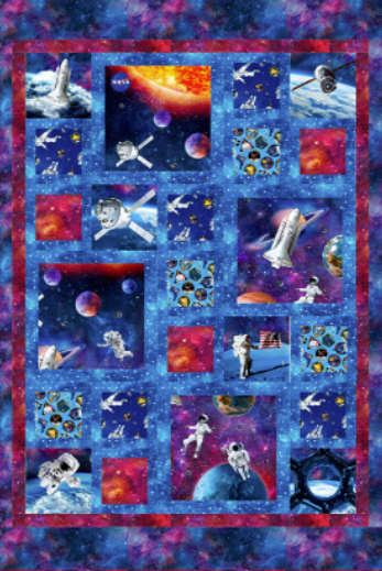 Quilt with space-themed blocks featuring astronauts, planets, and rockets on a blue and purple background. Carmon's Quilt Shop