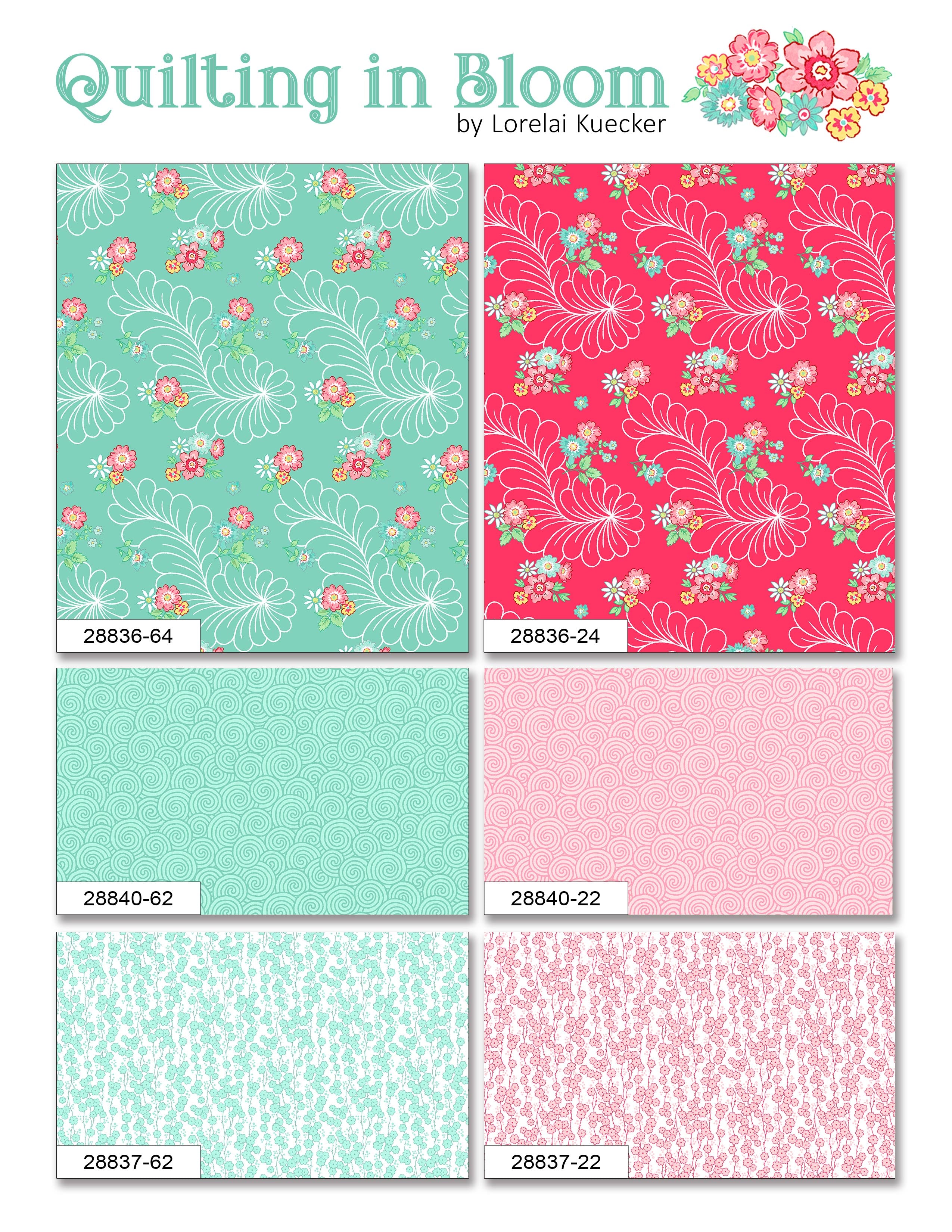 A quilting fabric swatch display sheet titled 'Quilting in Bloom' by Lorelai Kuecker. The sheet shows six square fabric samples arranged in a grid: mint green with white floral and vine pattern, bright pink with white floral and vine pattern, solid mint green, solid light pink, white with pale mint floral pattern, and white with pale pink floral pattern.