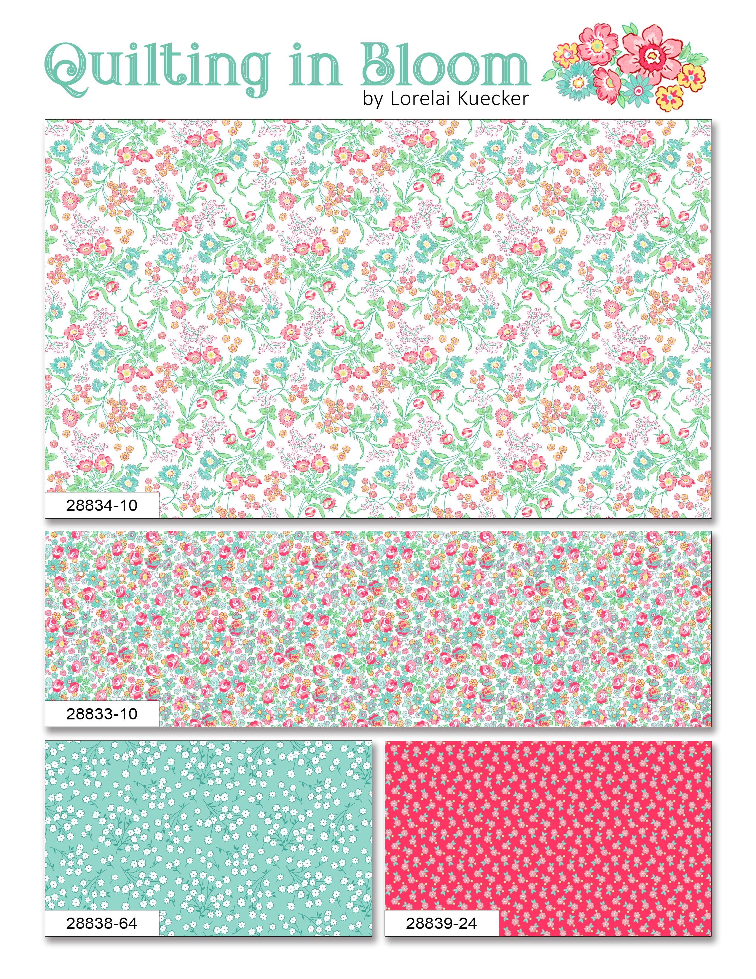 A quilt pattern cover titled 'Quilting in Bloom' by Lorelai Kuecker, showing four floral fabric pattern swatches: a large white-based multicolor floral pattern, a smaller pink-based floral pattern, a mint green dotted pattern, and a pink-based floral pattern.