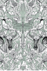 Decorative wallpaper with a black and white animal pattern on a light green background