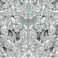 Decorative wallpaper with a black and white animal pattern on a light green background
