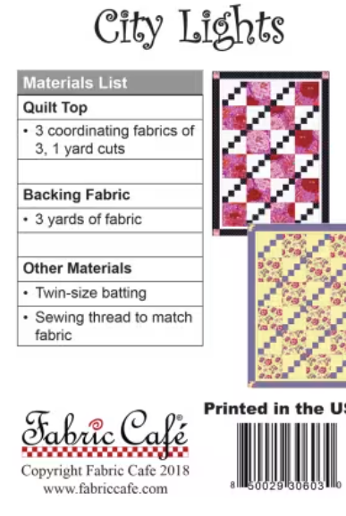 Quilt pattern packaging with materials list and fabric cafe branding