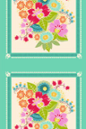 Pattern of colorful floral designs on a teal background with 'Running Yardage' text.