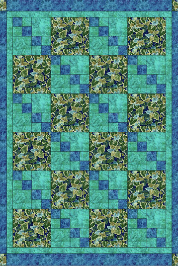 Quilt with green and blue patterned squares