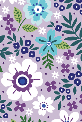 Floral pattern with blue, purple, and green flowers on a light purple background Seaside Garden Lavender Wide Fabric 108" - Benartex #178137-60 - Carmon's Quilt Shop