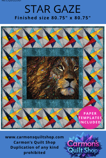 Quilt pattern cover with a lion's face in a star-shaped frame, featuring Carmon's Quilt Shop branding.