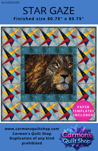 Quilt pattern cover with a lion's face in a star-shaped frame, featuring Carmon's Quilt Shop branding.