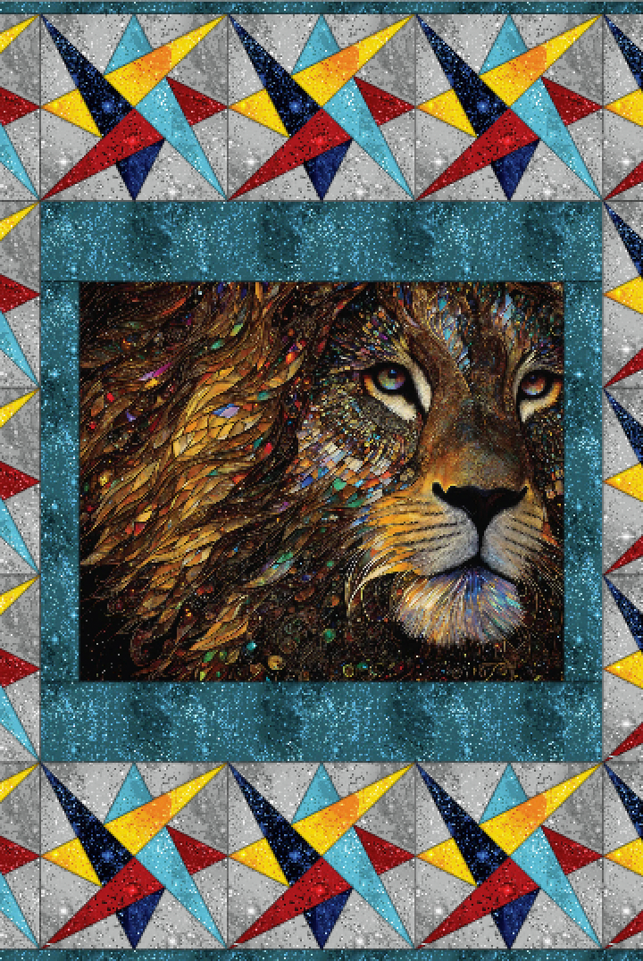 Quilt with star pattern border featuring a central image of a lion. Star Gaze Quilt Pattern - Finished Size 80.75" x 80.75" - Carmon's Quilt Shop
