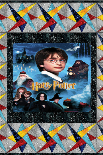 Quilt with 'Harry Potter' movie poster framed by colorful star patterns Star Gaze Quilt Pattern - Finished Size 80.75" x 80.75" - Carmon's Quilt Shop