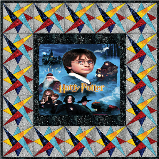 Quilt with 'Harry Potter' movie poster framed by colorful star patterns Star Gaze Quilt Pattern - Finished Size 80.75" x 80.75" - Carmon's Quilt Shop