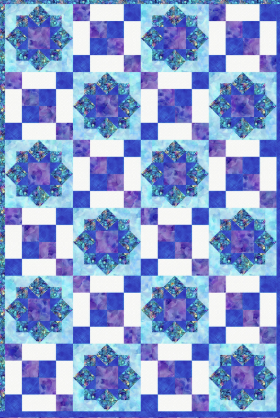 Quilt with blue and purple star pattern on a white background