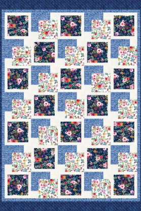 Quilt with floral square patterns on a blue fabric background