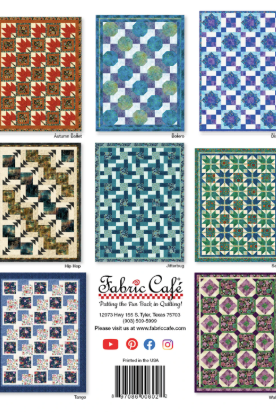 Collection of quilt patterns with 'Fabric Cafe' branding on a white background