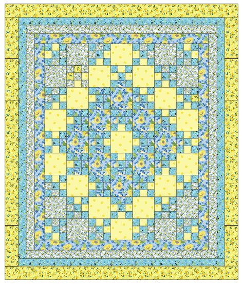 Quilt with yellow and blue patterned squares Sunny Skies Quilt Kit - Riley Blake Fabrics - Finished Size 59" x 71" - Carmon's Quilt Shop