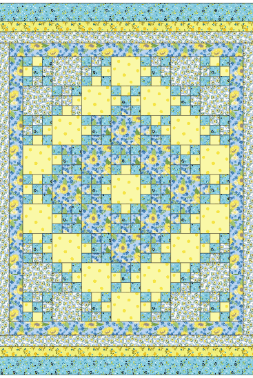 Quilt with a pattern of squares in blue, yellow, and white on a blue background Sunny Skies Quilt Kit - Riley Blake Fabrics - Finished Size 59" x 71" - Carmon's Quilt Shop