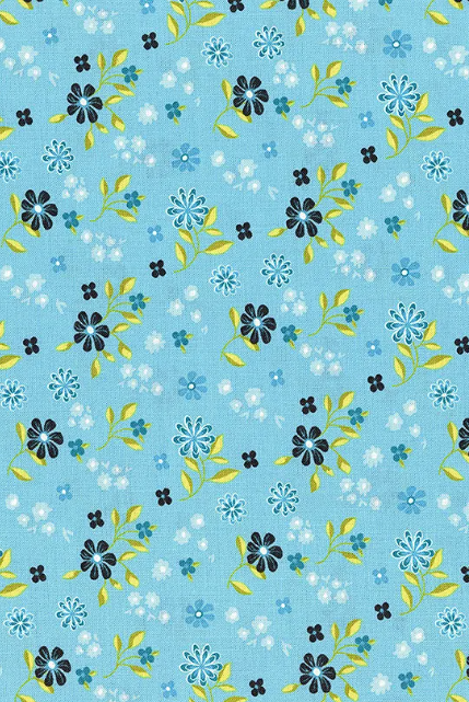 A bolt of fabric featuring a floral pattern with blue, yellow, and green colors on a sky blue background.