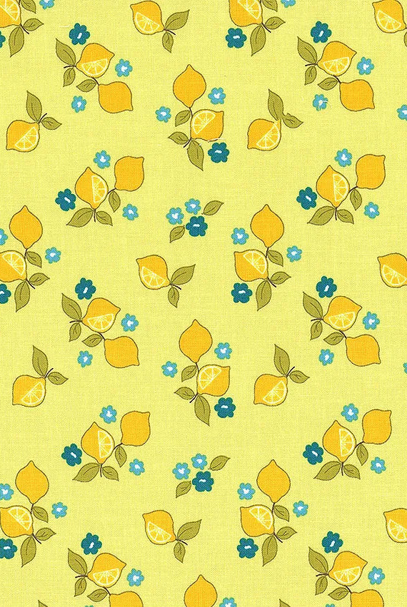 A yardstick with a floral pattern fabric, predominantly yellow with green leaves and blue flowers, displayed alongside it.