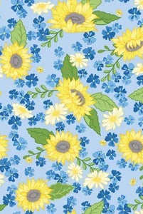 Floral pattern with sunflowers and blue flowers on a light blue background