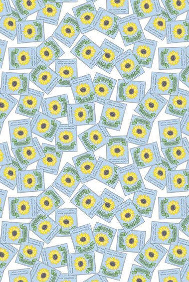 A fabric featuring a repeating pattern of white seed packets with yellow flowers, arranged in a disorganized grid layout on a white background.