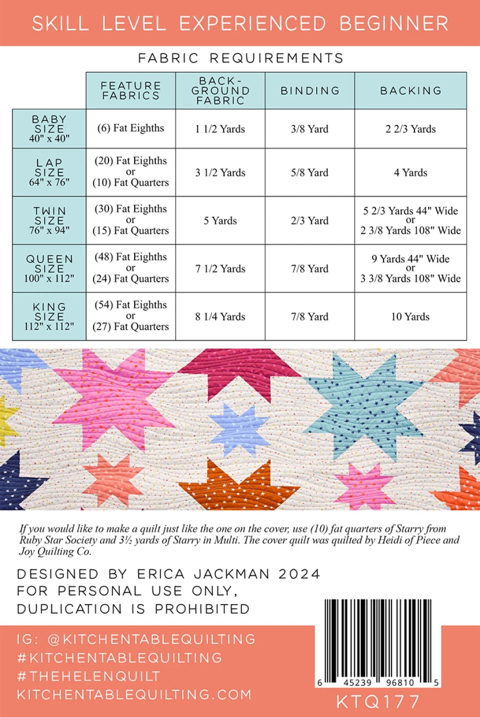 Fabric requirements chart for a quilt with colorful star pattern on a peach background TheHelenQuiltPattern_KTQ177-MultipleSizeOptions-Carmon_sQuiltShop
