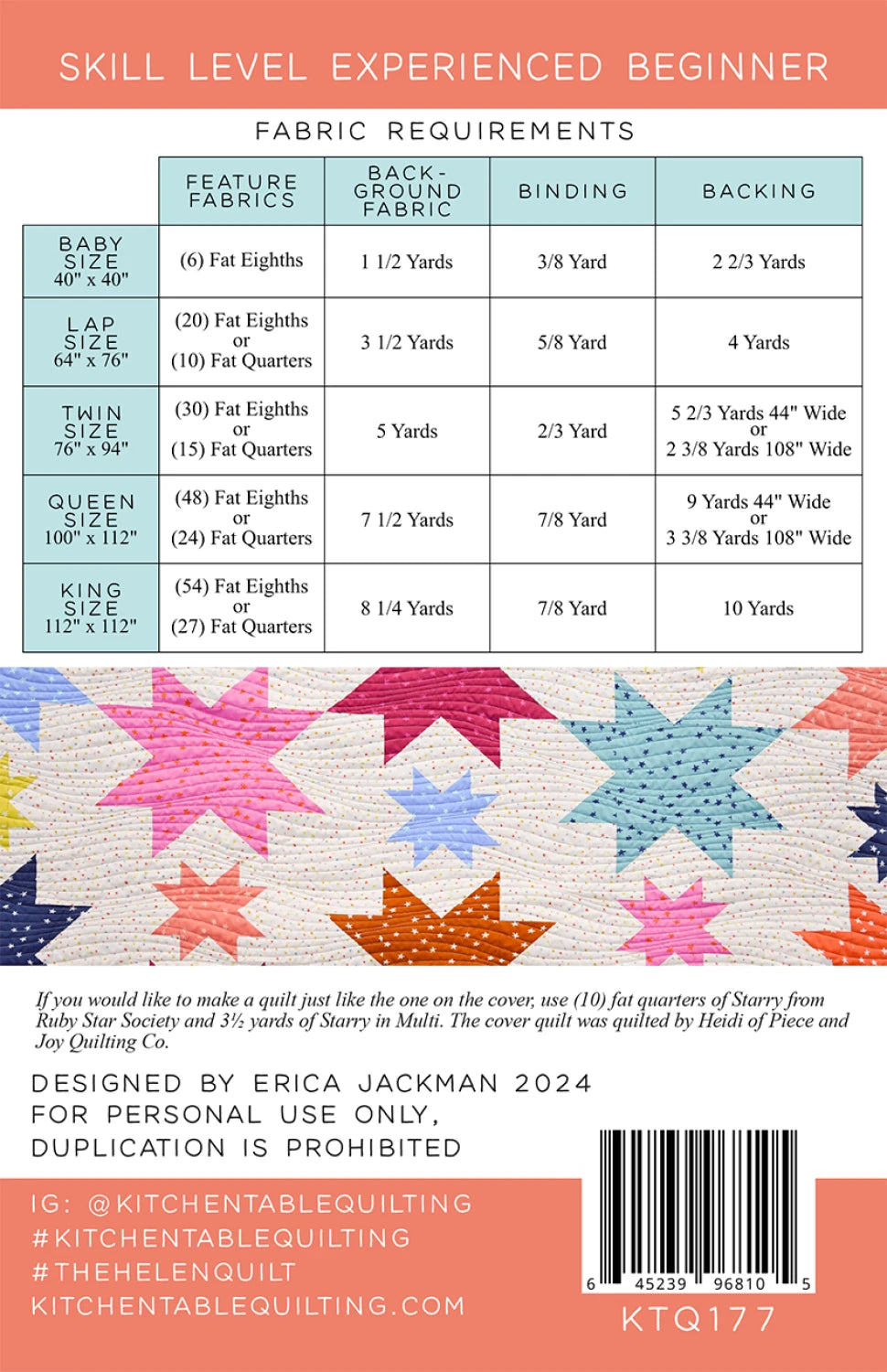 Fabric requirements chart for a quilt with colorful star pattern on a peach background TheHelenQuiltPattern_KTQ177-MultipleSizeOptions-Carmon_sQuiltShop