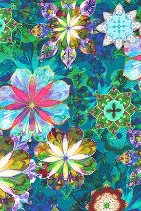 Colorful floral pattern with a blue background Venice 3 Yards 108" x 108" Wide Sateen Robert Kaufman Designed by Christiane Marques AQSDX-20451-213 Carmon's Quilt Shop