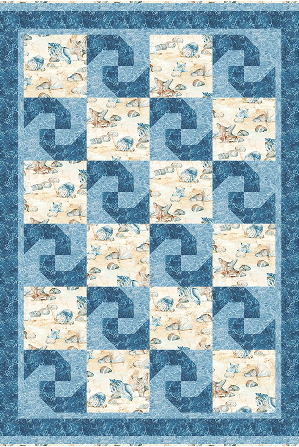Quilt with a blue and beige pattern featuring fish and shell designs.