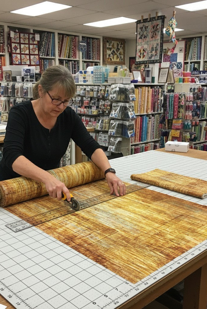 Carmon's Quilt Shop employee cutting 118-inch wide carmel wood textured cotton fabric on a gridded cutting mat.