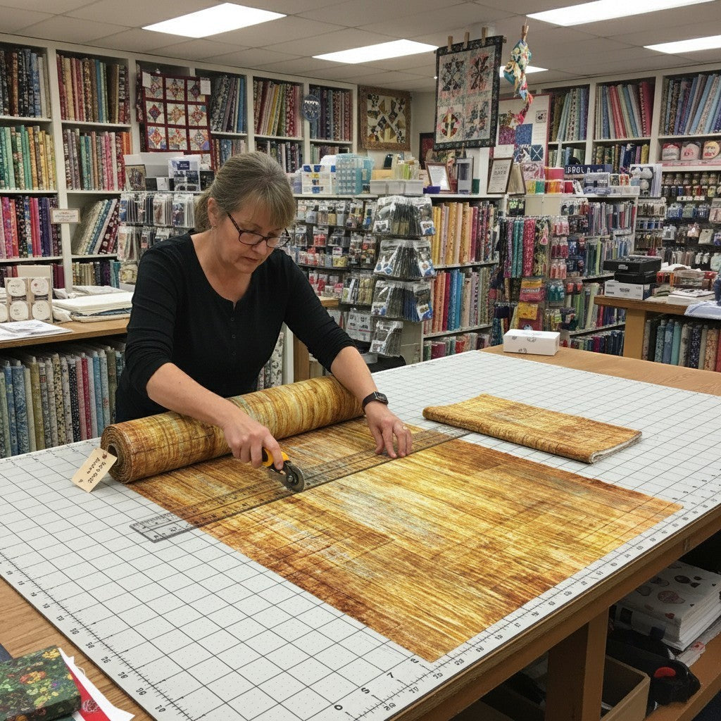 Carmon's Quilt Shop employee cutting 118-inch wide carmel wood textured cotton fabric on a gridded cutting mat.