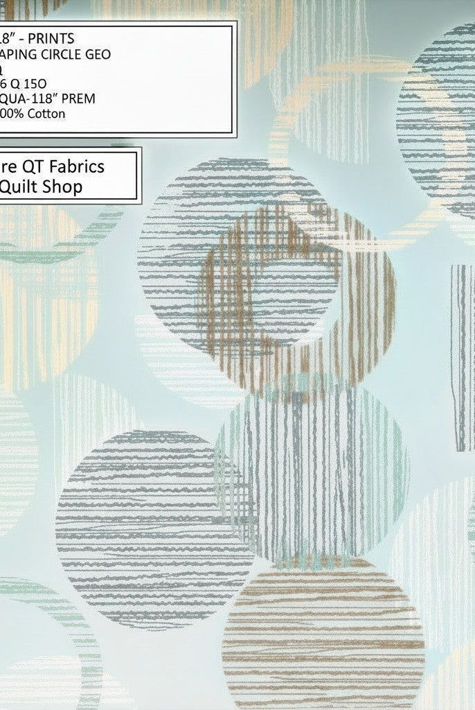 Carmon's Quilt Shop QT Fabrics 118 inch dusty aqua cotton quilting fabric with overlapping geometric circle pattern