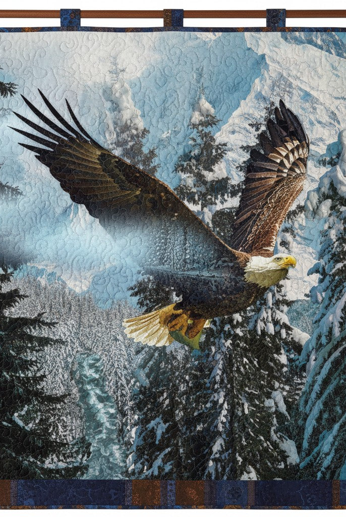 Carmon's Quilt Shop Call Of The Wild cotton fabric panel featuring a bald eagle over snowy mountains and pine forest.