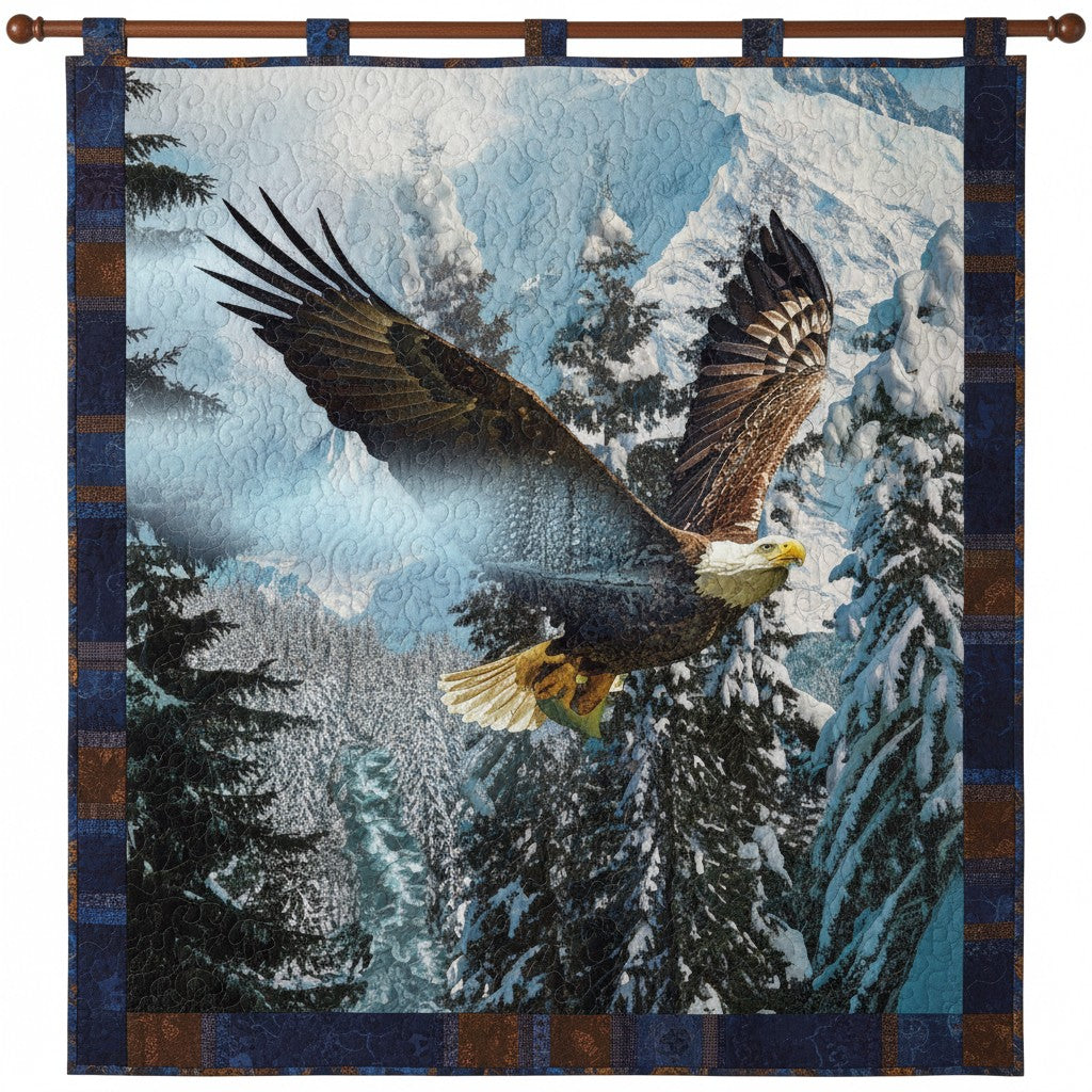 Carmon's Quilt Shop Call Of The Wild cotton fabric panel featuring a bald eagle over snowy mountains and pine forest.
