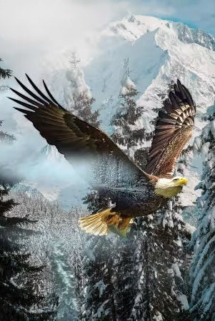 Carmon's Quilt Shop Hoffman Fabrics cotton panel featuring a bald eagle soaring over snowy mountains and pine trees.