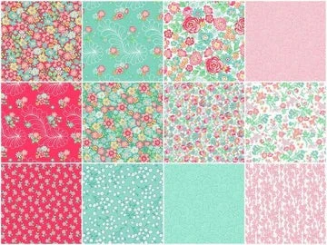Carmon's Quilt Shop Quilting in Bloom fat quarter bundle featuring 13 floral 100% cotton fabric prints in pink and teal
