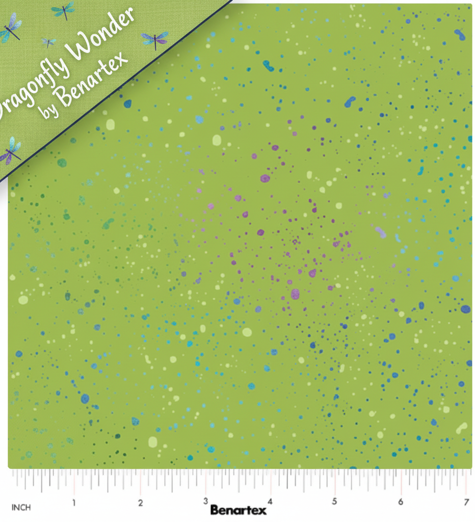 Carmon's Quilt Shop Benartex Dragonfly Wonder green cotton quilting fabric with purple and blue spatter leaf pattern