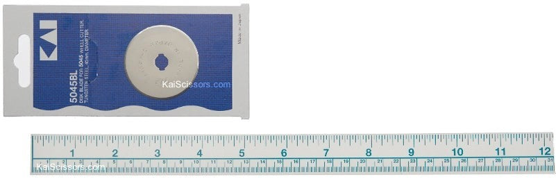 Carmon's Quilt Shop KAI 45mm tungsten steel replacement rotary cutter blade in original blue and white packaging