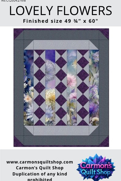 Lovely Flowers Quilt Pattern by Carmon's Quilt Shop featuring floral panels with purple and lavender diamond accents.