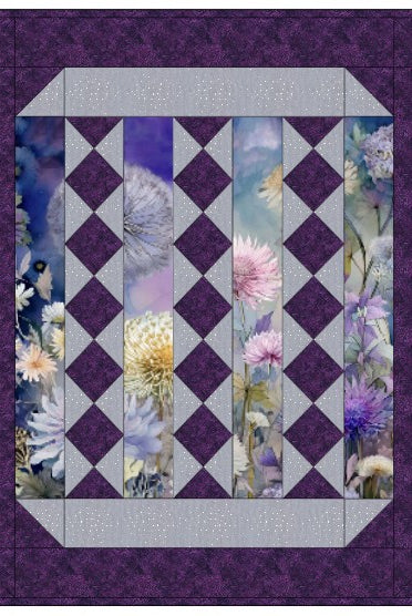 Lovely Flowers Quilt Pattern by Carmon's Quilt Shop featuring floral panels with purple and lavender diamond accents.