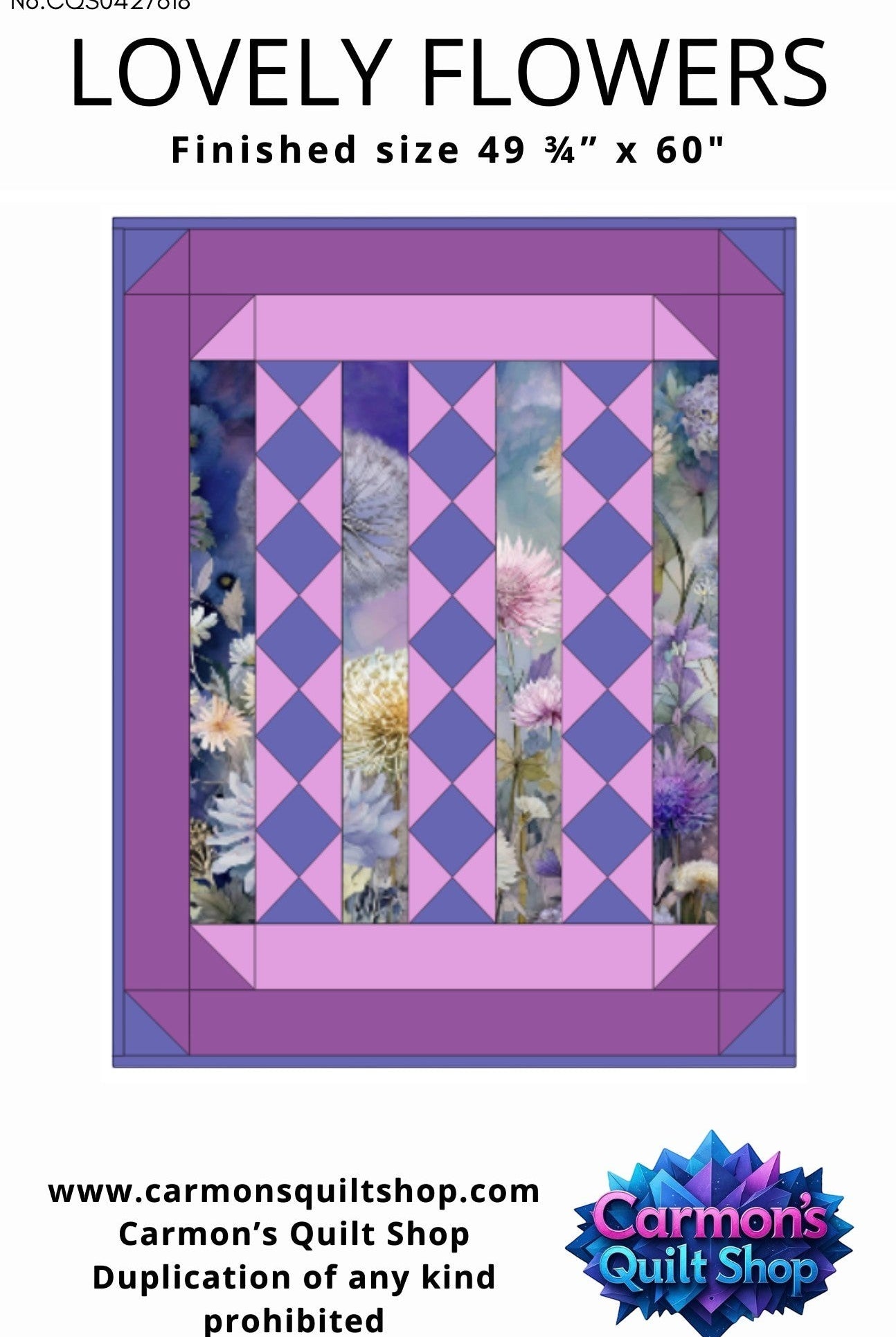 Lovely Flowers quilt pattern by Carmon's Quilt Shop featuring floral panels with purple and lavender diamond accents.