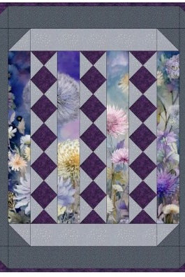 Lovely Flowers Quilt Pattern by Carmon's Quilt Shop featuring floral panels and purple diamond accents.
