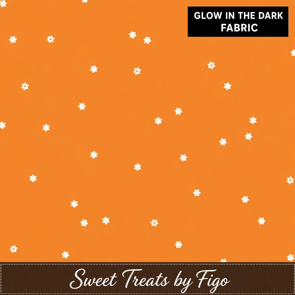 Carmon's Quilt Shop FIGO Fabrics orange cotton quilting fabric with a glow in the dark star pattern