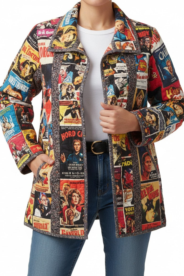 Carmon's Quilt Shop quilted patchwork jacket featuring a vibrant vintage movie poster print on a model