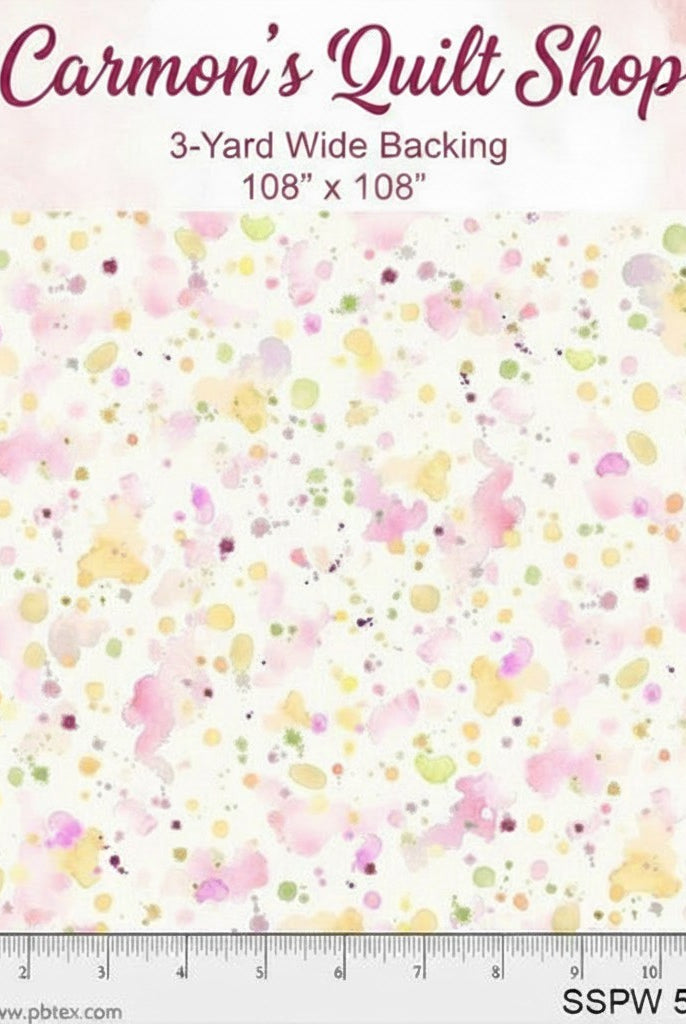 Carmon's Quilt Shop Sally's Speckle 108 inch wide cotton backing fabric with a colorful paint splatter design.