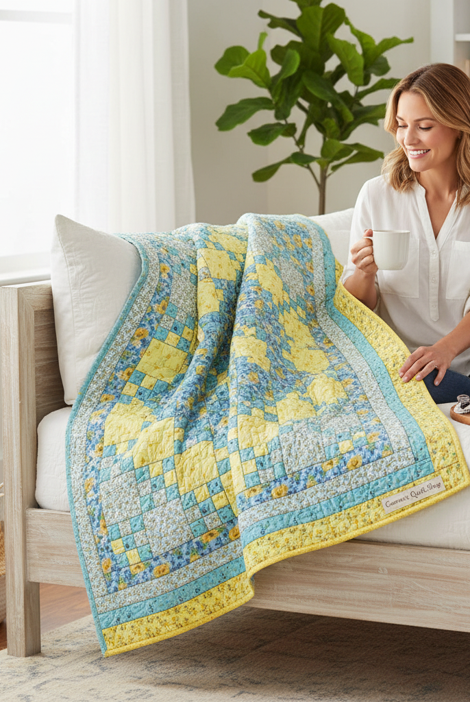 Woman sitting on a bed with a Sunny Skies quilt kit from Carmon's Quilt Shop featuring yellow and blue floral fabric.