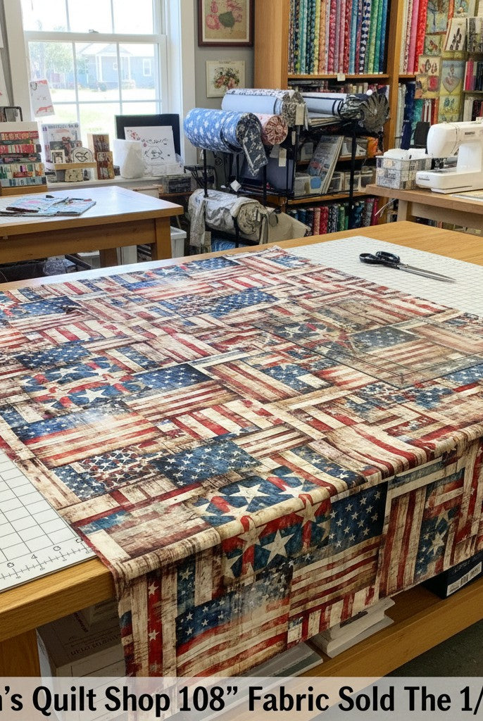 Carmon's Quilt Shop 108 inch wide 1776 flag patchwork cotton fabric in red, white, and blue on a cutting table.