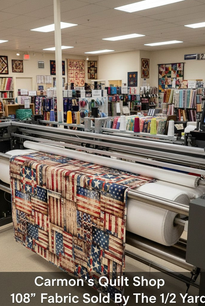 Carmon's Quilt Shop 108 inch wide 1776 flag patchwork cotton fabric on a longarm quilting machine in a quilt shop.