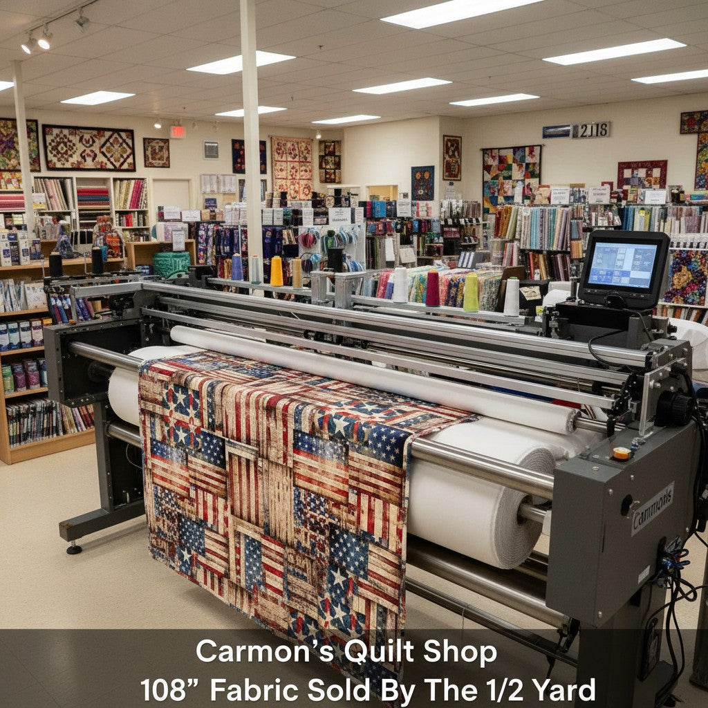 Carmon's Quilt Shop 108 inch wide 1776 flag patchwork cotton fabric on a longarm quilting machine in a quilt shop.