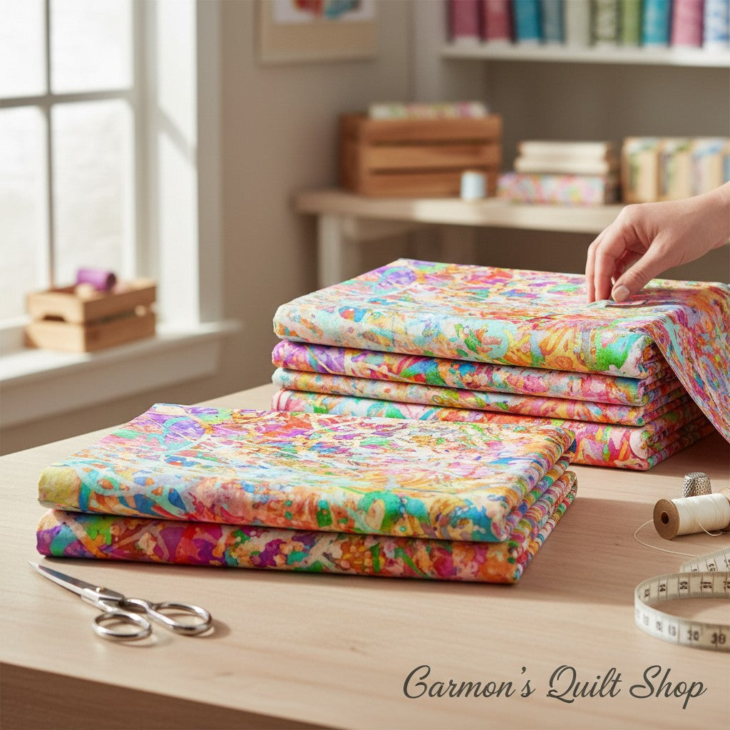Carmon's Quilt Shop multi-colored abstract splatter 118-inch cotton quilting fabric folded on a sewing table.