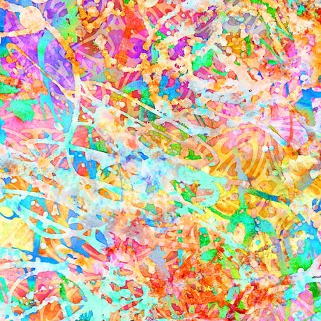 Carmon's Quilt Shop Got Your Back 118-inch wide cotton fabric with a vibrant multi-colored abstract splatter pattern.