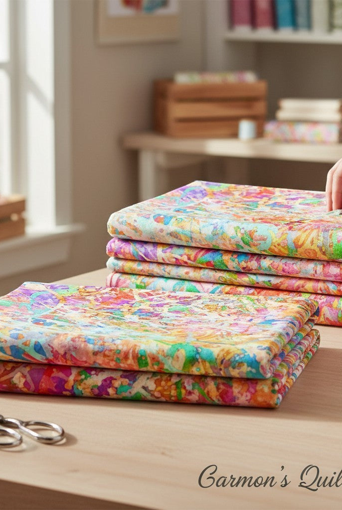 Carmon's Quilt Shop multi-colored abstract splatter quilting cotton fabric folded on a wooden sewing table.